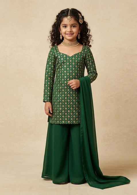 Girl's Bottle Green Brocade Sharara Set