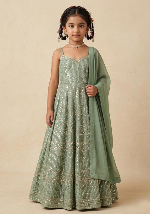 Girl's Mint Green Sequin Embroidery Net Anarkali Set