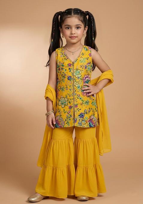 Girl's Yellow Floral Print Crepe Sharara Set