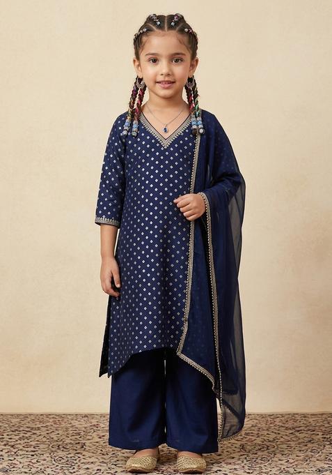 Girl's Navy Blue Sequin Work Velvet Straight Kurta Set
