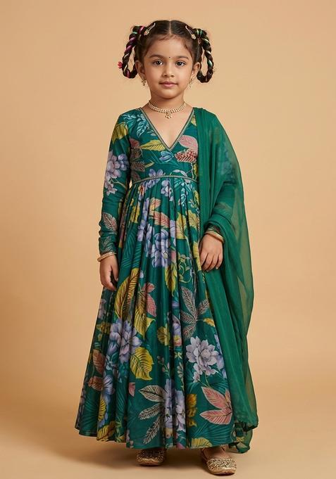 Girl's Emerald Green Floral Print Crepe Anarkali With Dupatta