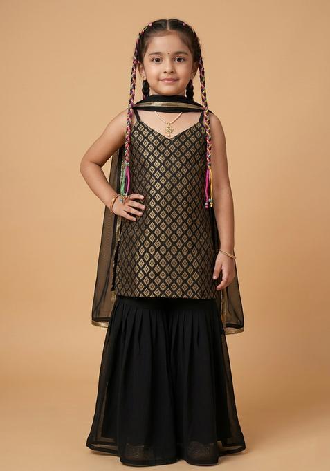Girl's Black Brocade Sharara Set
