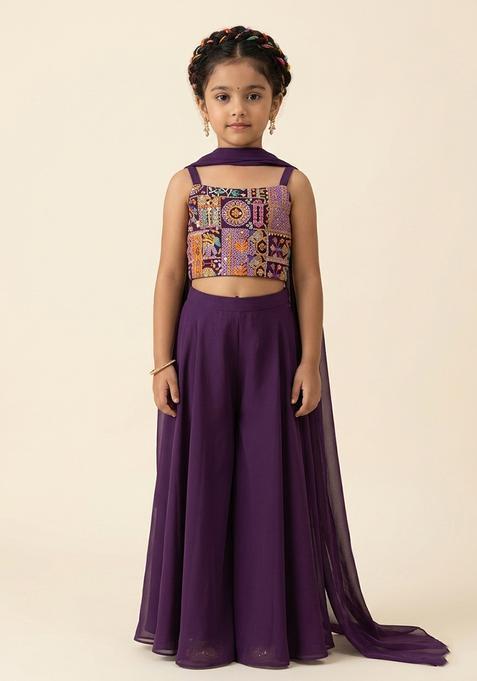 Girl's Purple Abstract Print Crepe Fusion Set