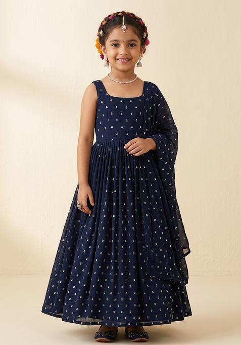 Girl's Midnight Blue Mirror Work Georgette Anarkali With Dupatta