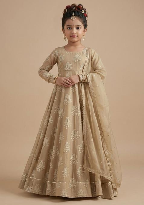 Girl's Beige Brocade Anarkali With Dupatta