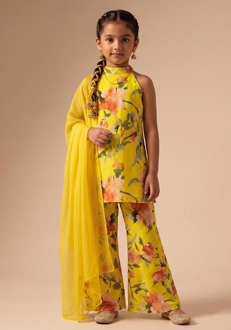 Girl's Yellow Floral Print Crepe Pakistani Suit Set