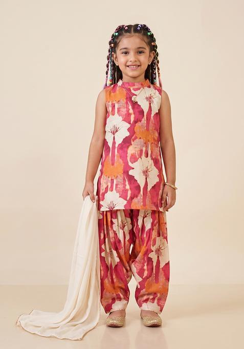 Girl's Multi Color Floral Print Crepe Sharara Set