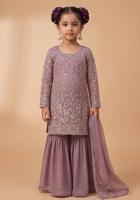 Girl's Mauve Embroidered Net Sharara Set
