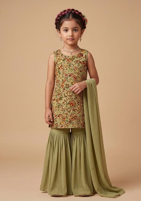 Girl's Sage Green Embroidered Crepe Sharara Set