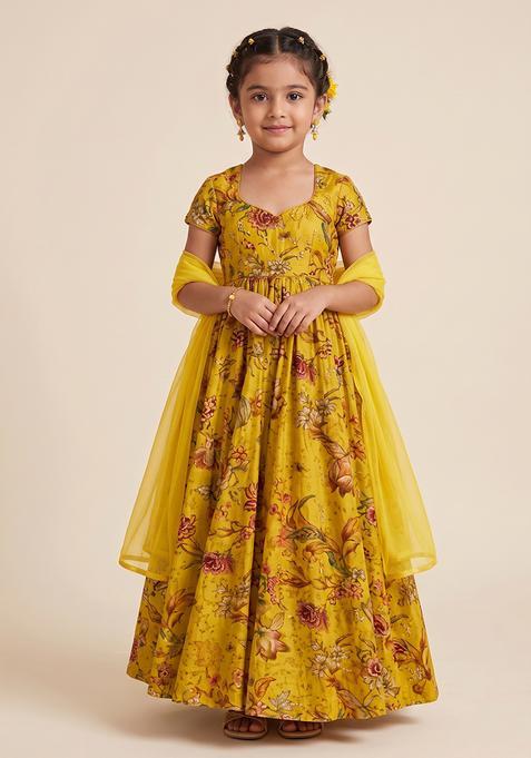 Girl's Mustard Yellow Floral Print Tissue Anarkali With Dupatta