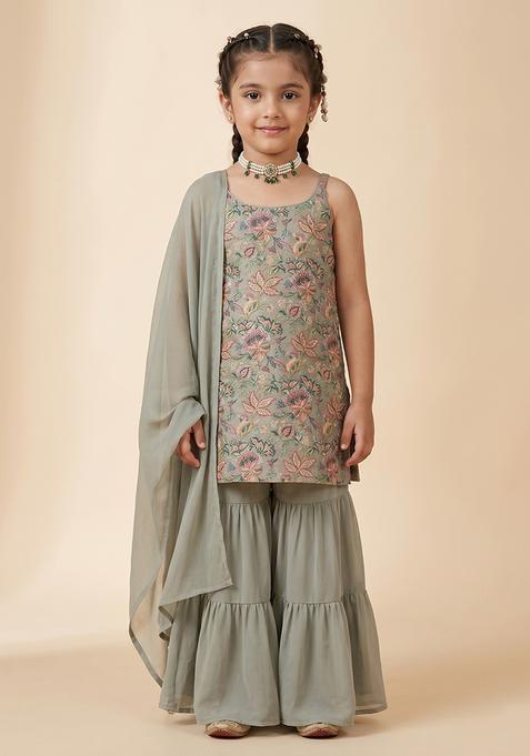 Girl's Grey Floral Print Crepe Sharara Set