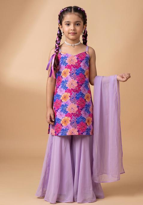 Girl's Lavender Floral Print Crepe Sharara Set