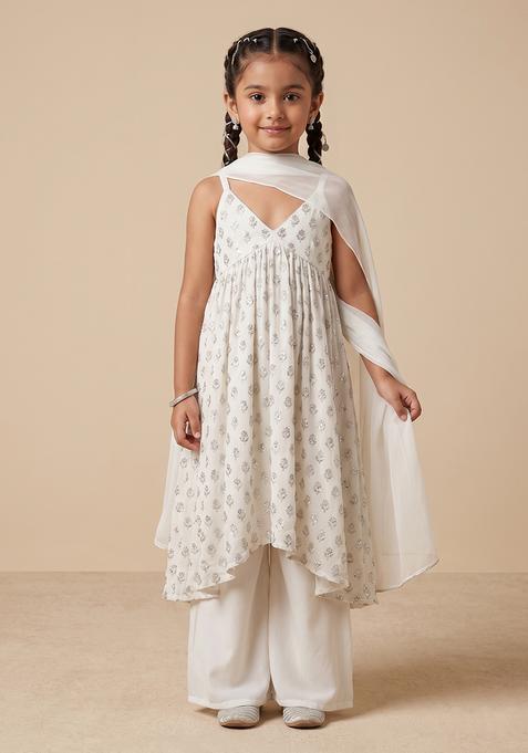 Girl's Off White Embellished Georgette A Line Kurta Set