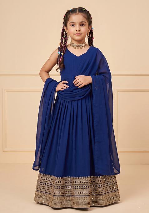 Girl's Navy Blue Embroidered Georgette Anarkali With Dupatta
