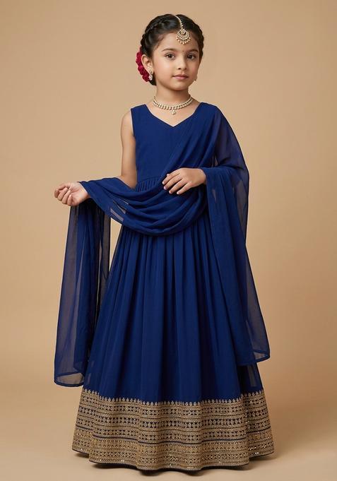 Girl's Navy Blue Embroidered Georgette Anarkali With Dupatta