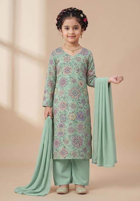 Girl's Sage Green Printed Crepe Straight Kurta Set