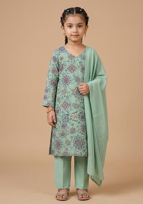 Girl's Sage Green Printed Crepe Straight Kurta Set