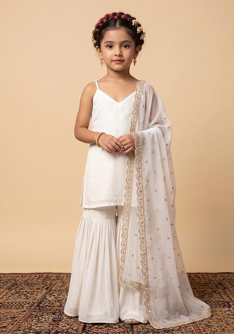 Girl's Off White Solid Chinon Sharara Set
