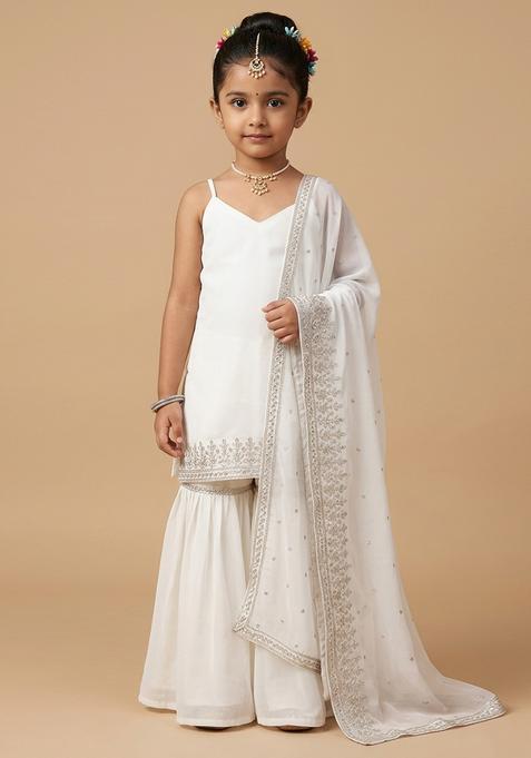 Girl's Off White Solid Chinon Sharara Set