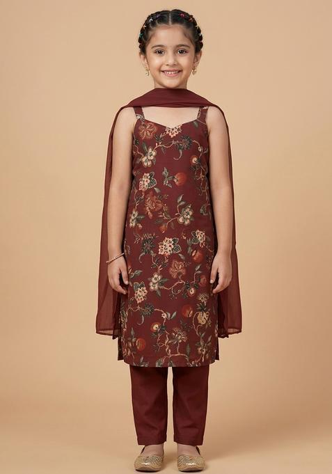 Girl's Maroon Floral Print Silk Straight Kurta Set