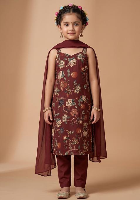 Girl's Maroon Floral Print Silk Straight Kurta Set