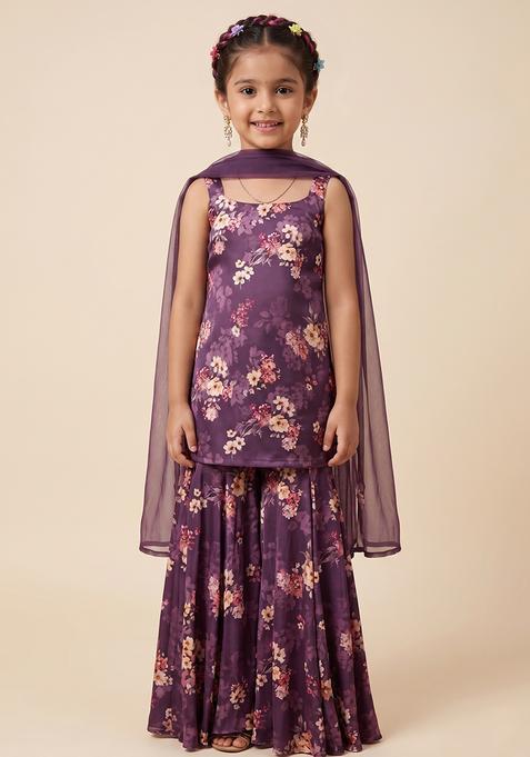 Girl's Purple Floral Print Satin Sharara Set