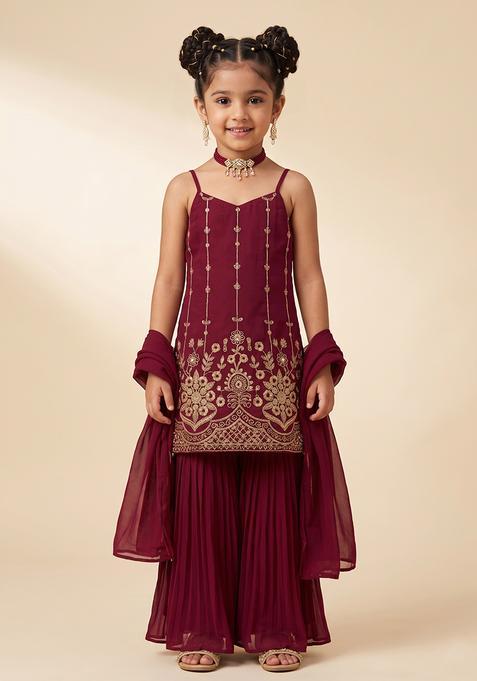 Girl's Wine Sequin Mesh Sharara Set