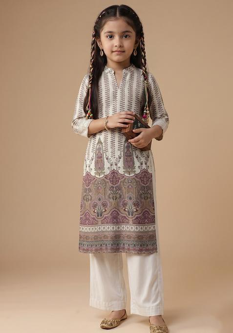 Girl's Ivory Printed Crepe Straight Kurta Set