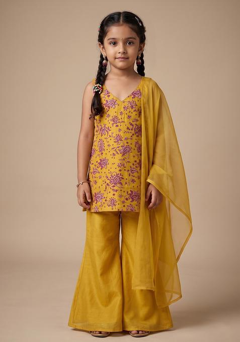 Girl's Mustard Floral Print Organza Sharara Set