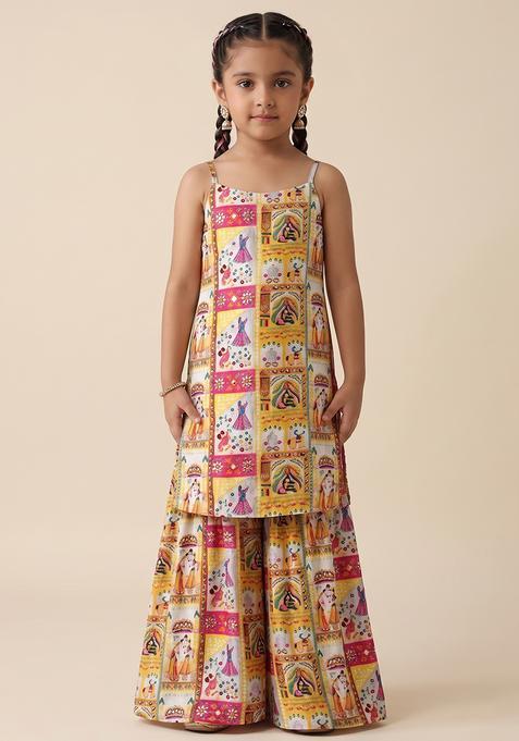Girl's Yellow Figure Print Chinon Sharara Set