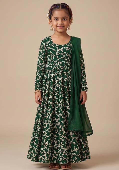 Girl's Dark Green Embroidered Crepe Anarkali With Dupatta