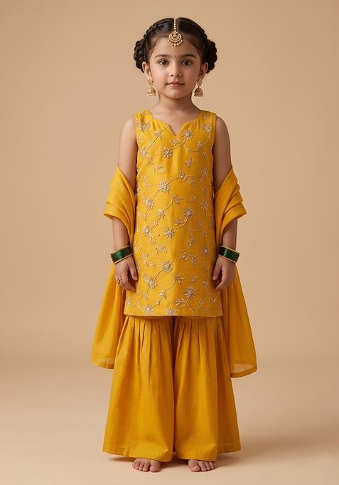 Girl's Yellow Embroidered Silk Sharara Set