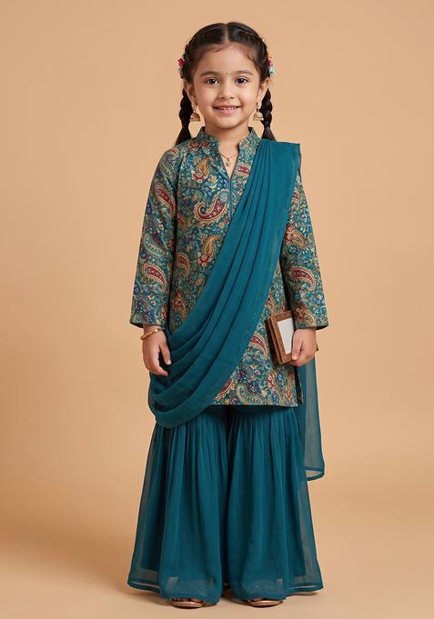 Girl's Teal Blue Embroidered Crepe Sharara Set