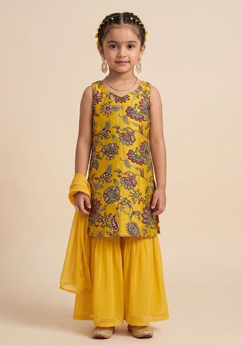 Girl's Mustard Embroidery Crepe Gharara set