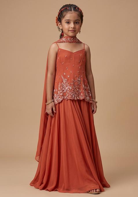 Girl's Vermilion Brown Georgette Handwork Sharara Set