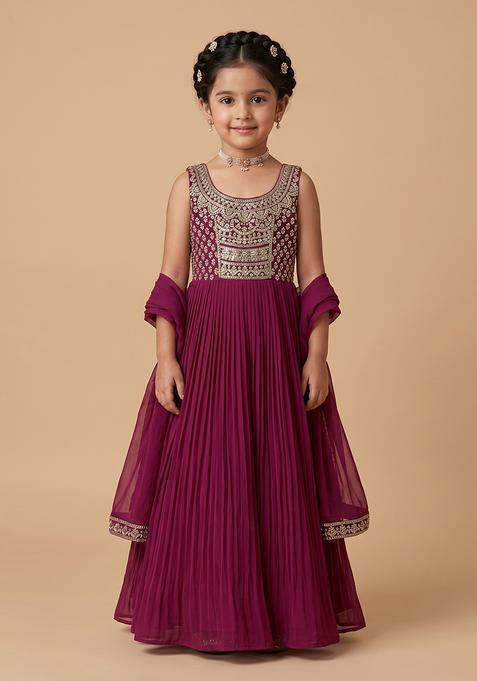 Girl's Purple Handwork Goergette Anarkali With Dupatta