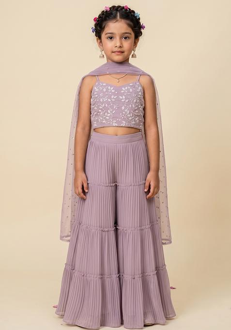 Girl's Lilac Hand Work Georgette Sharara Set
