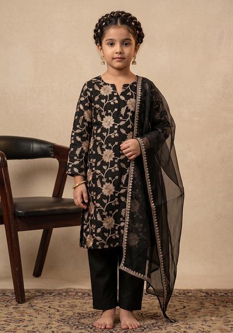 Girl's Black Chanderi Kurta Set