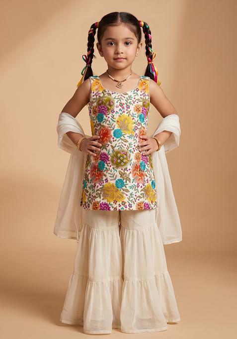 Girl's Off White Sequin Crepe Sharara Set