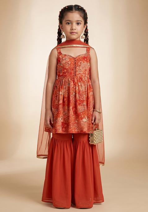 Girl's Red Embroidered Crepe Sharara Set
