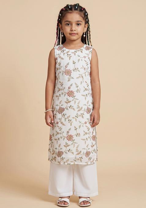 Girl's White Embroidered Crepe Kurta Set