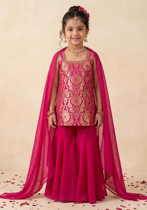 Girl's Rani Pink Brocade Sharara Set