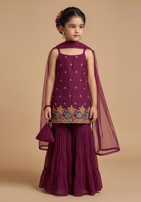 Girl's Wine Embroidered Crepe Sharara Set
