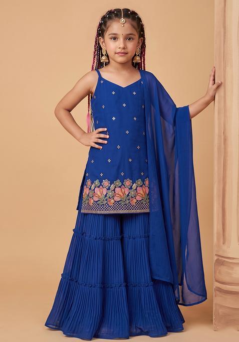 Girl's Cobalt Embroidered Crepe Sharara Set