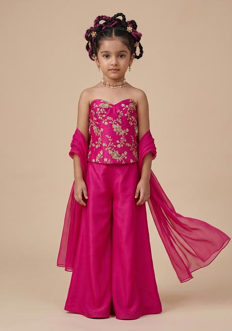 Girl's Hot Pink Embroidered Crepe Fusion Set