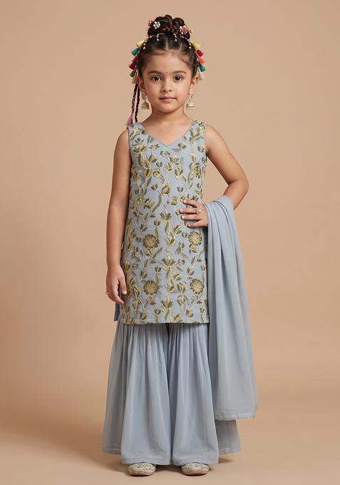 Girl's Dusty Blue Embroidered Organza Sharara Set