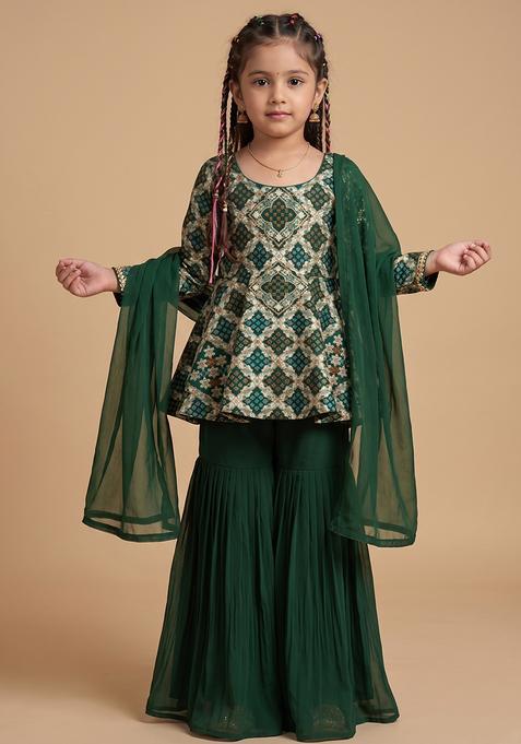 Girl's Bottle Green Zari Silk Sharara Set