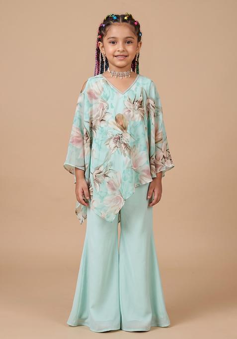 Girl's Powder Blue Printed Organza Fusion Set