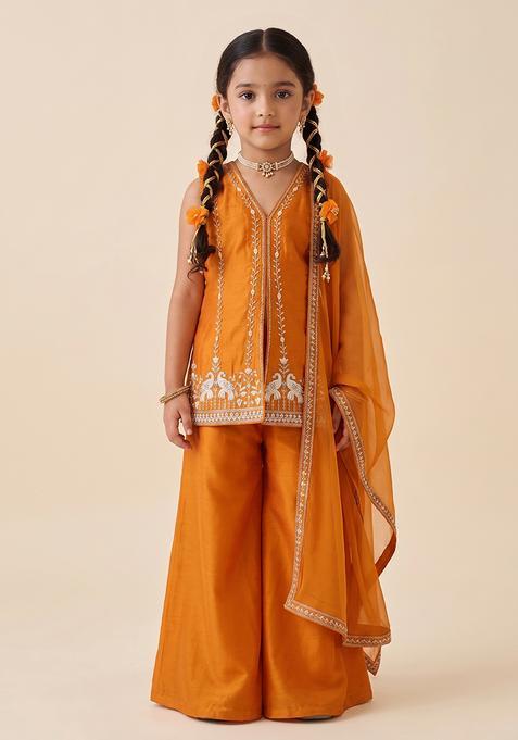Girl's Orange Embroidered Cosmos Sharara Set