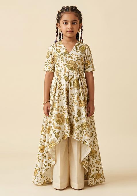 Girl's Ivory Printed Crepe Kurta Set